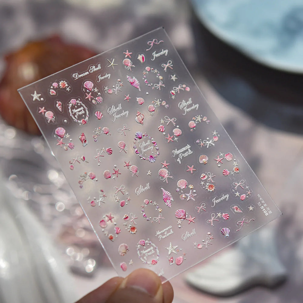 Pink Star Oceanic Shell Starfish Conch Bowknot Embossment Shiny Delicate 5D Chic Self Adhesive Nail Art Stickers Manicure Decals (Online Order Only)
