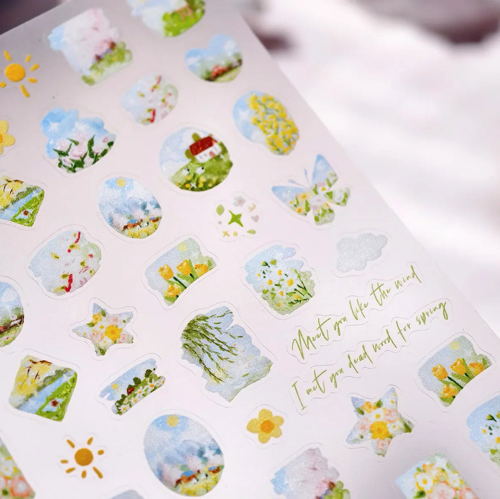 Painting Sketch Tulip Daisy Willows Scenery Daisy Colorful Flowers Sun Star Butterfly Wicker 3D Nail Art Stickers Manicure Decal (ONLINE ORDER ONLY)