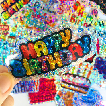 44pcs/Pack Laser Happy Birthday Stickers Waterproof Skateboard Motorcycle Guitar Luggage Laptop Bicycle Sticker Kids Toys (ONLINE ORDER ONLY)