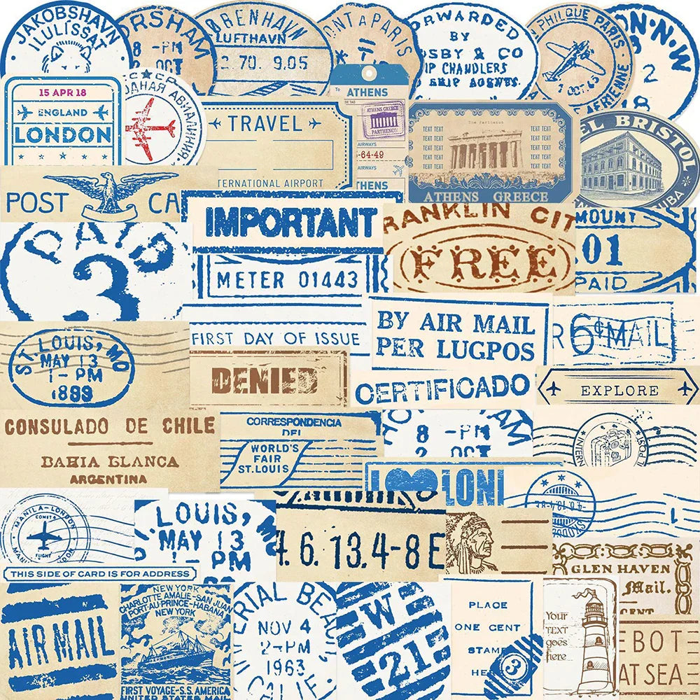 Vintage Travel Ticket Stickers 10/30/50pcs Waterproof PVC for Phone, Skateboard, Luggage, Bike, Helmet (Online Order Only)