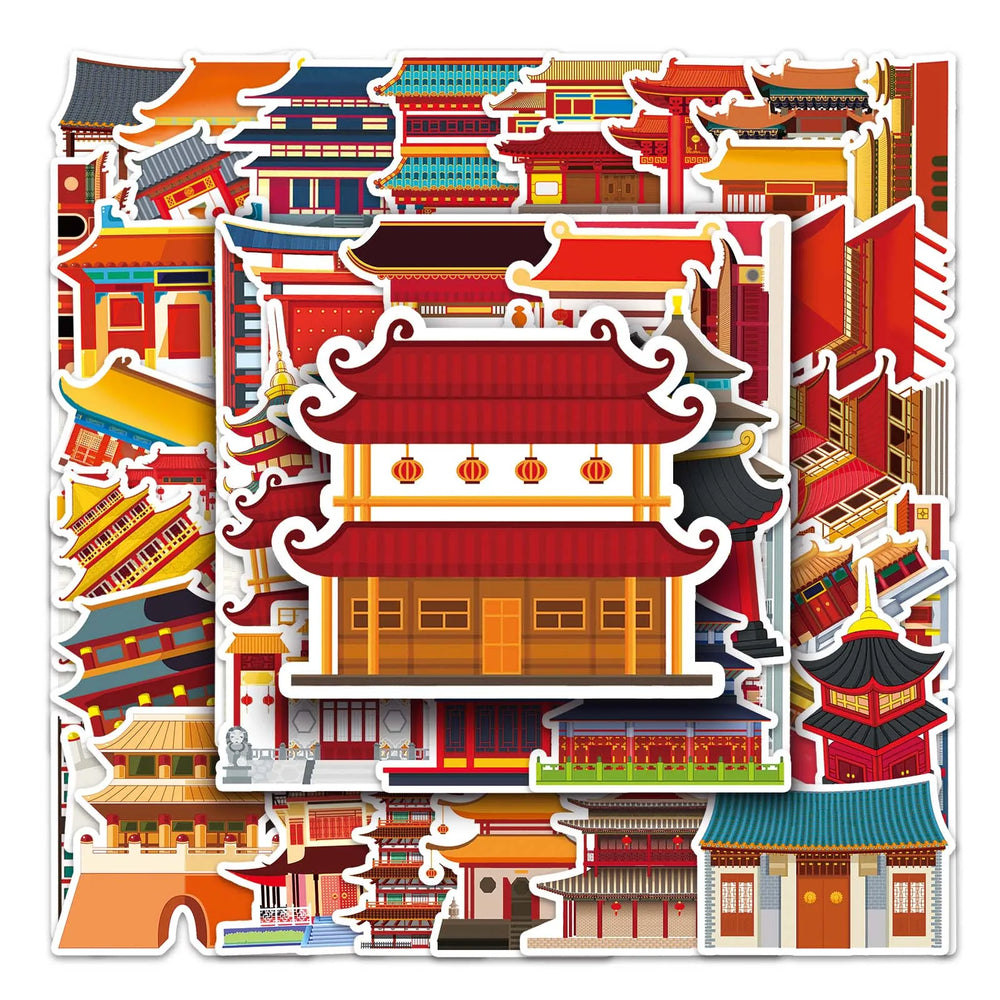 50Pcs Architecture Cartoon Waterproof Vinyl Stickers for Skateboard Snowboard (Online Order Only)