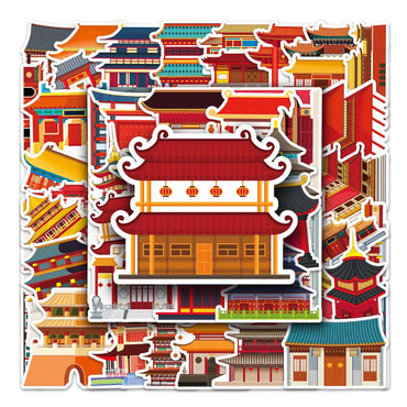 50Pcs Architecture Cartoon Waterproof Vinyl Stickers for Skateboard Snowboard (Online Order Only)