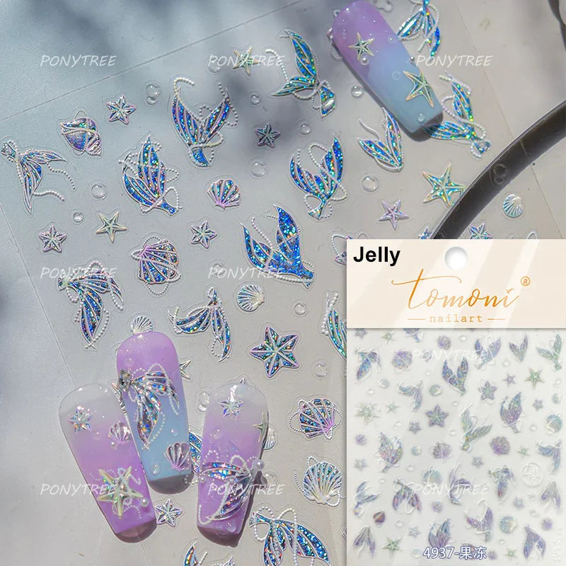 Colourful Ray Jellyfish Otter Cat Mermaid Octopus Starfish Bubbles Conch Shell Bowknot Summer Marine Nail Art Stickers Decals (ONLINE ORDER ONLY)