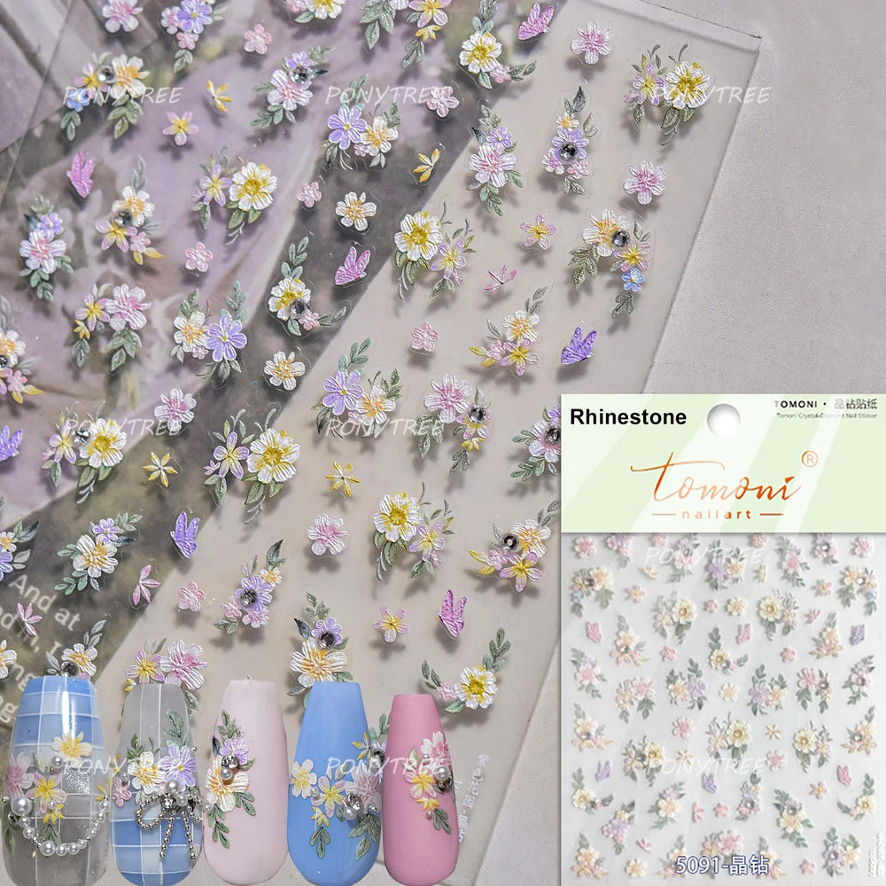 Colorful Dried Flowers Wreath Floral Plant Petal Bud Garden Charming 5D Reliefs Self Adhesive Nail Art Stickers Manicure Decals (Online Order Only)