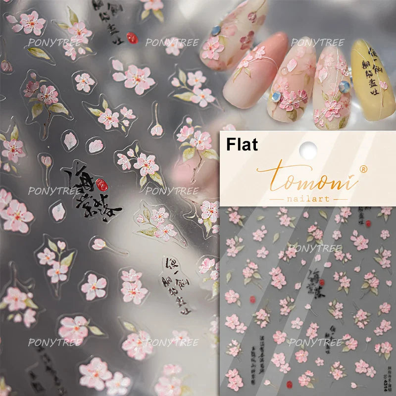 Pink Cherry Blossoms Peach Flower Petal Green Leaf Greenery 5D Embossed Relief Self Adhesive Nail Art Sticker 3D Manicure Decals (ONLINE ORDER ONLY)
