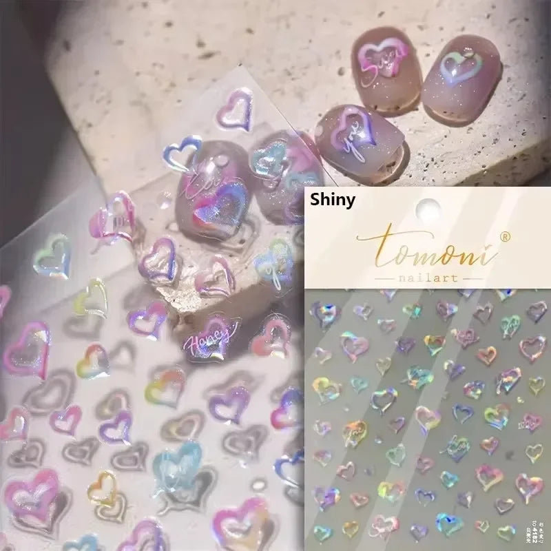 Flat Small Pink Brown Halo Dyeing Love Heart Geometric Leopard Shiny Jelly Chic Embossed Relief Nail Art Stickers Manicure Decal (Online Order Only)