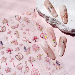 Romantic Pink Peach Blossom Tower Circular Fan Hollowed Window Tassel Pendant Antique Tree Chic Nail Art Stickers Manicure Decal (ONLINE ORDER ONLY)