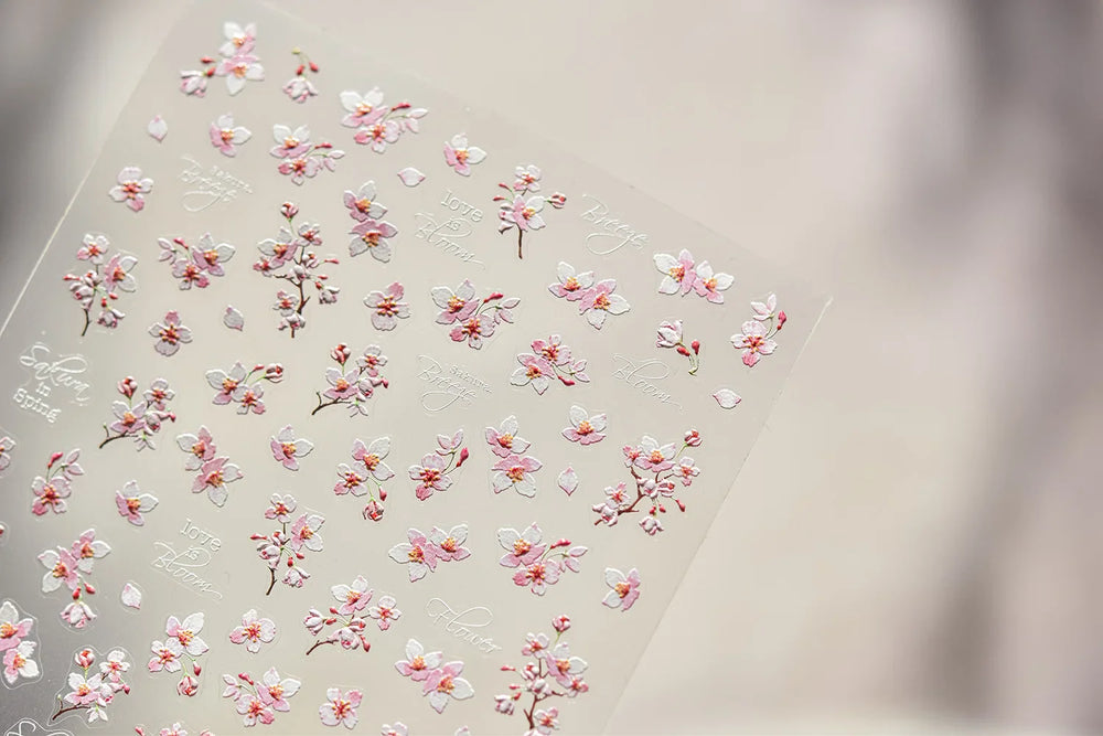 Flowers Blooming Cherry Blossom Sakura Living Peach Branch 5D Soft Relief Spring Adhesive Nail Art Sticker Chic Manicure Decals (ONLINE ORDER ONLY)