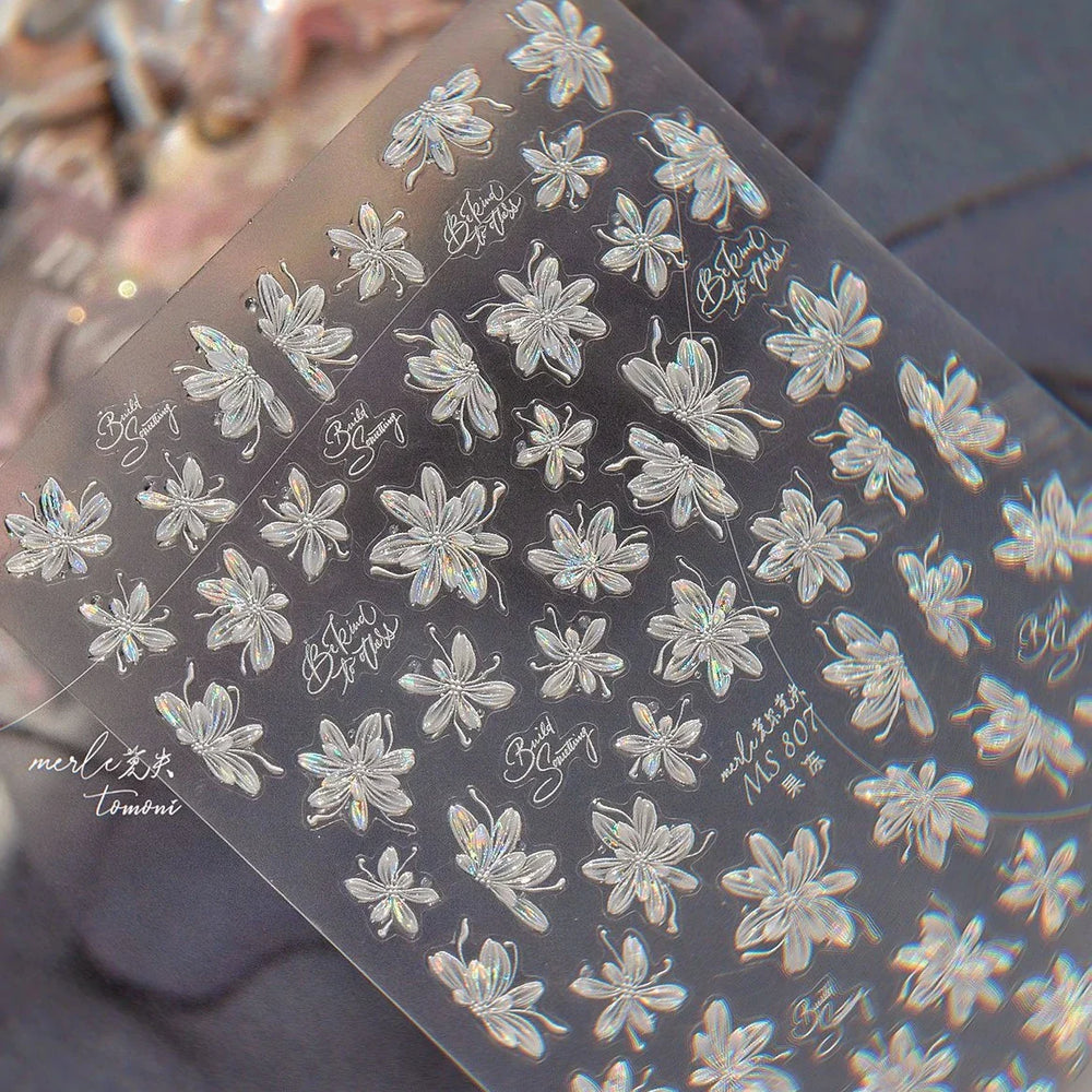 White Pink Flower Dreamy Romantic Petal Jelly Shiny Peach Blossom Polarized Light Delicate Nail Art Stickers 5D Manicure Decals (ONLINE ORDER ONLY)