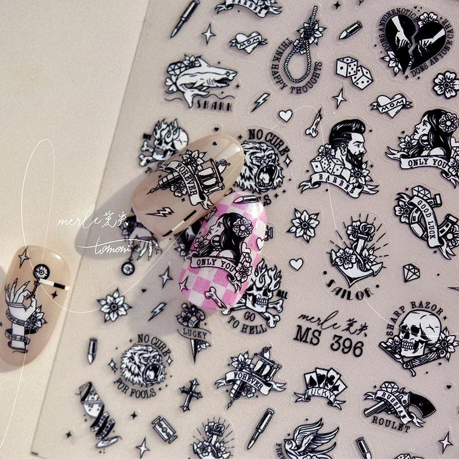 Retro Black Line Skull Man Woman 5D Embossed Relief Self Adhesive Nail Art Sticker Bear Bunny Hand Bird Horror 3D Manicure Decal (Online Order Only)