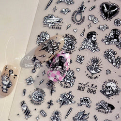 Retro Black Line Skull Man Woman 5D Embossed Relief Self Adhesive Nail Art Sticker Bear Bunny Hand Bird Horror 3D Manicure Decal (Online Order Only)
