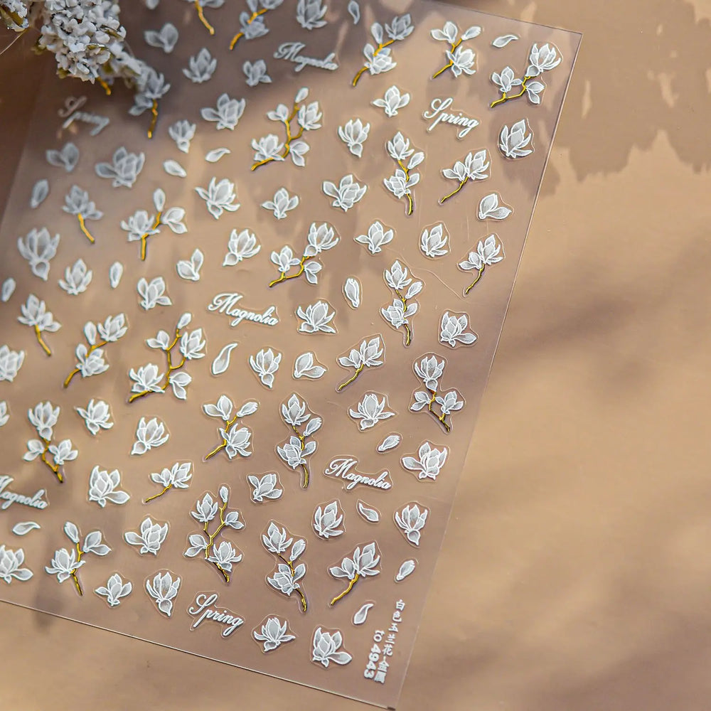 Translucent White White Pink Magnolia Rose Flower Floral Soft Embossed Relief Adhesive Nail Art Stickers Chic 3D Manicure Decals (ONLINE ORDER ONLY)