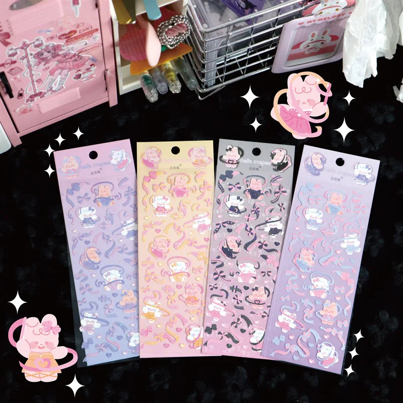 6/8pcs Kawaii Ribbon Rabbit Decorative Sticker Set Girls Scrapbooking Idol Card DIY Diary Album Collage Material Korean Stickers (ONLINE ORDER ONLY)