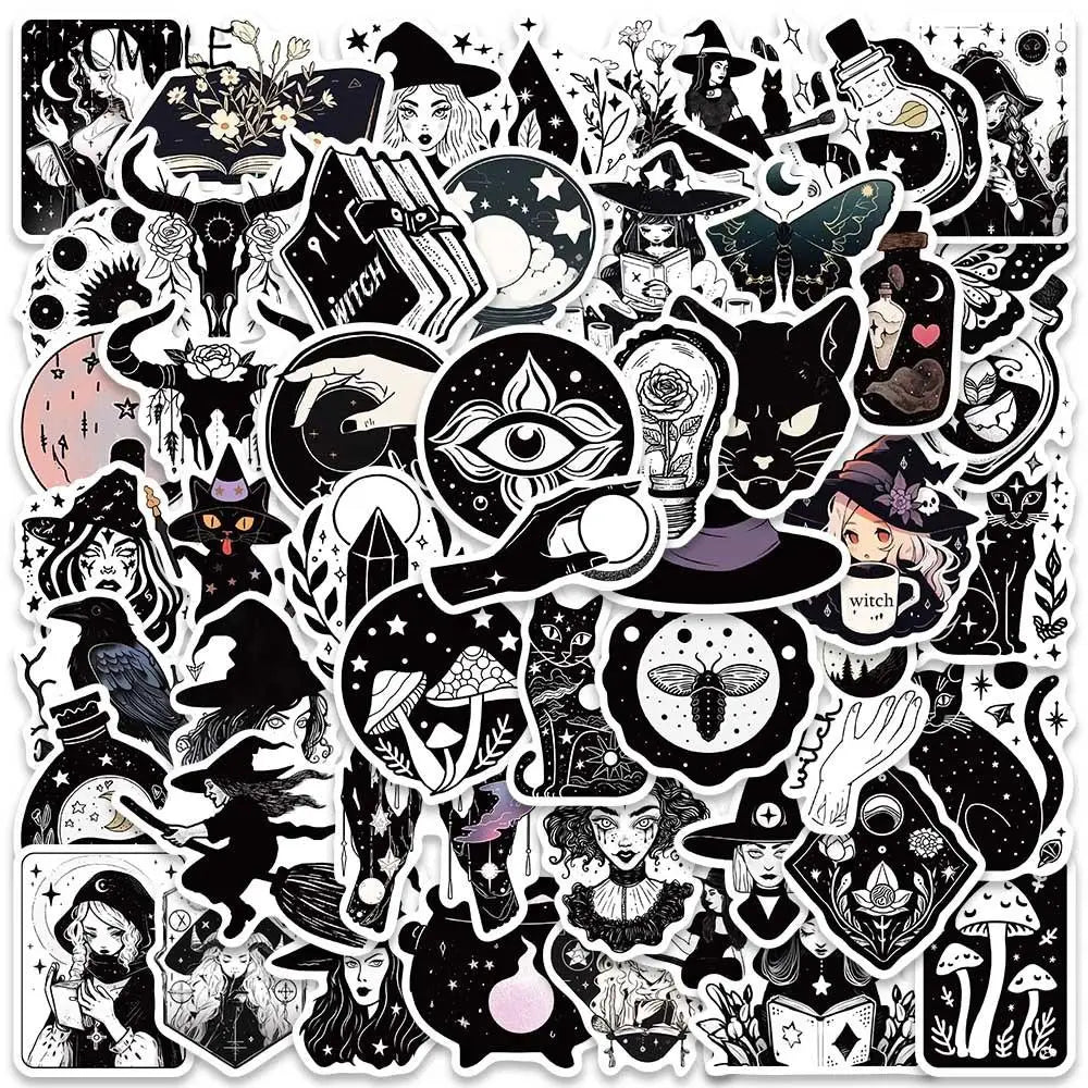 Cartoon Witch Graffiti Stickers Pack - Black & White Aesthetic Decals for Luggage, Guitar, Fridge, Laptop (Online Order Only)