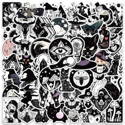 Cartoon Witch Graffiti Stickers Pack - Black & White Aesthetic Decals for Luggage, Guitar, Fridge, Laptop (Online Order Only)