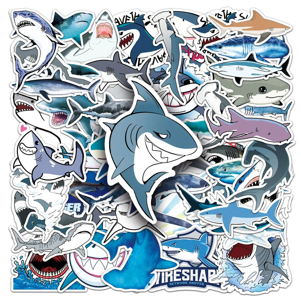 50Pcs Shark Cartoon Waterproof Vinyl Stickers for Skateboard Snowboard (Online Order Only)