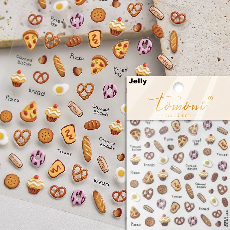 Chic Cute Cheese Ice Cream Pudding Bowknot Strawberry Muffin Stars Cake Embossed Heart Adhesive Nail Art Sticker Manicure Decals (ONLINE ORDER ONLY)