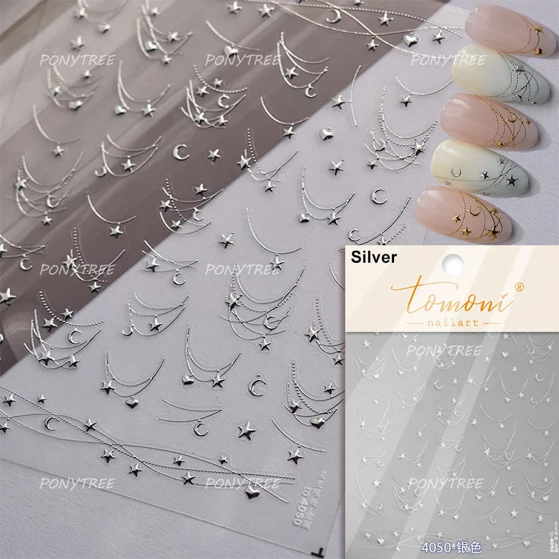 Star Moon Love Heart Curved Line Arc Dreamy Necklace Hanging in The Air Starry Night Adhesive Nail Art Stickers Manicure Decals (ONLINE ORDER ONLY)