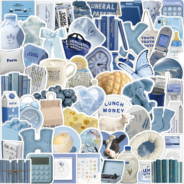 10/30/60PCS Cute Blue INS Sticker Aesthetic Sketchbook PVC Laptop Diary Decoration Scrapbooking School Stationery Supply for Kid (ONLINE ORDER ONLY)