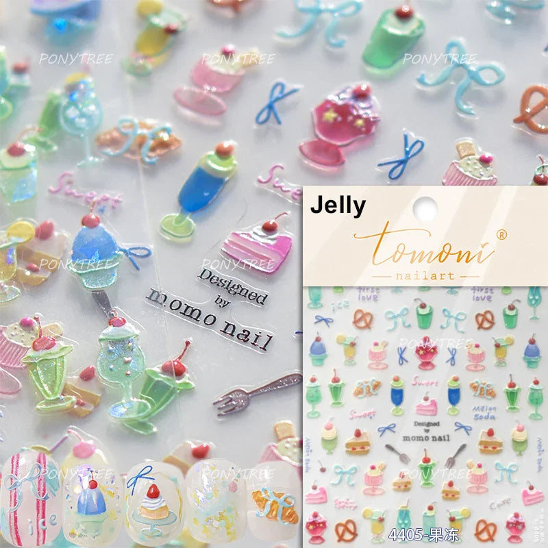 Lovely Green Pink Cherry Pudding Claw Paw Love Heart Bowknot Soft Embossed Reliefs Adhesive Nail Art Stickers Manicure Decals (ONLINE ORDER ONLY)