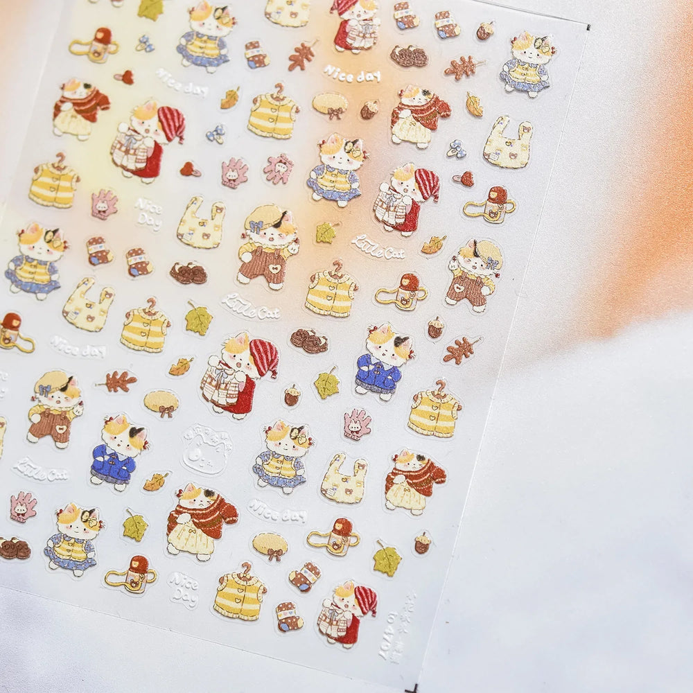 Sweater Glovesvacuum Cup Milk Fallen Leaves Kitten Adhesive Nail Art Stickers Warm Suitpinecone Kitchenware Cat Manicure Decals (ONLINE ORDER ONLY)
