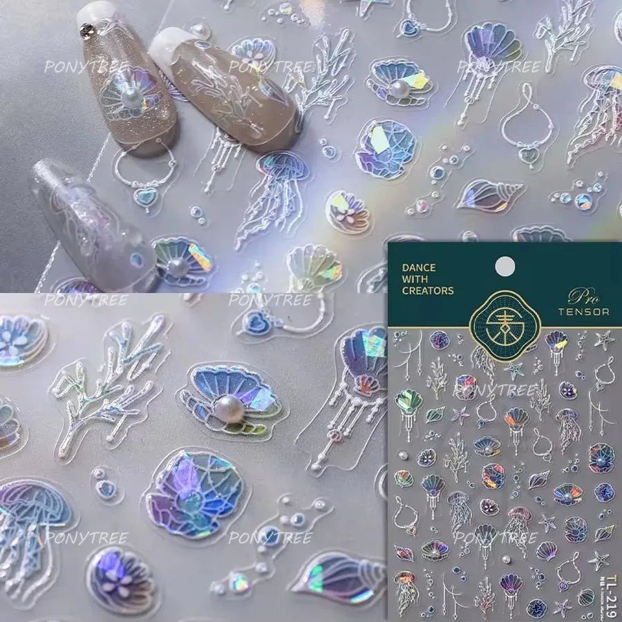 Romantic Pink Blue Shell Sea Grass Star Moon Summer Self Adhesive Nail Art Stickers Leaves Reliefs Manicure Decals Wholesale (ONLINE ORDER ONLY)