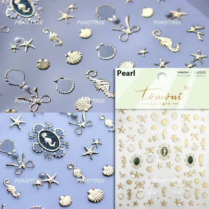 Hot Stamping Laser Shell Conch Starfish Pearl Whale Coral Dolphin Summer Beach Sea Wave Jellyfish Bubble Nail Art Stickers Decal (ONLINE ORDER ONLY)