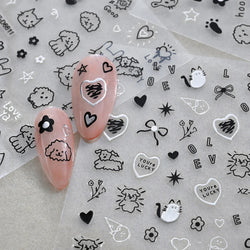 1Pc 3D Cute Black Silver Smile Dog Decals Y2K Cartoon Cat Footprint Nail Stickers Graffiti Star Heart DIY Manicure Slider Decor* (ONLINE ORDER ONLY)