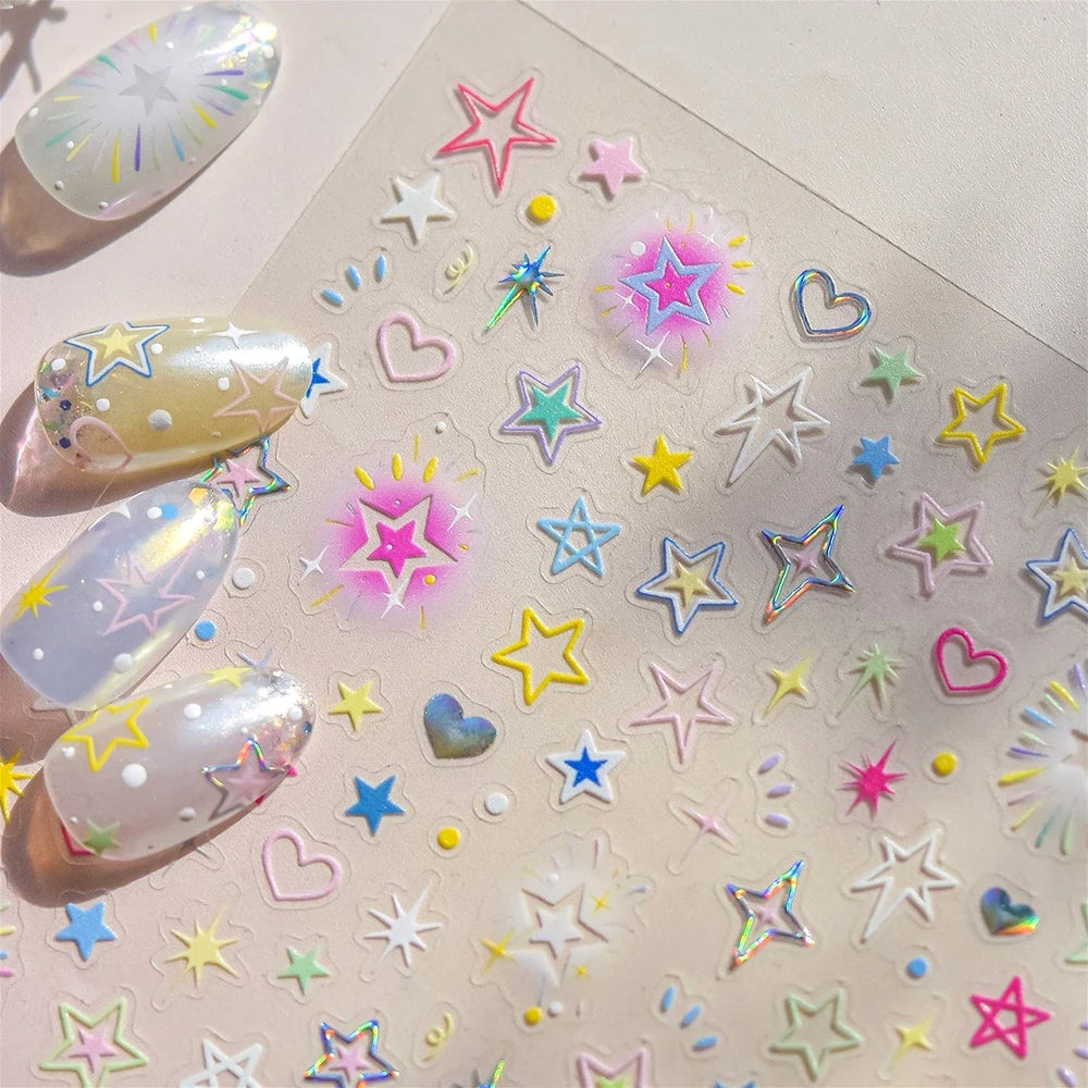Colorful Starry Light Starburst Love Heart Halo Dyeing Soft Reliefs Self Adhesive Nail Art Decoration Stickers Manicure Decals (ONLINE ORDER ONLY)
