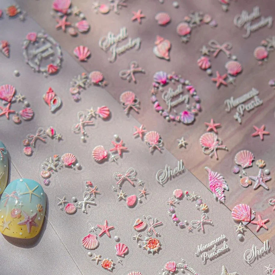 Pink Star Oceanic Shell Starfish Conch Bowknot Embossment Shiny Delicate 5D Chic Self Adhesive Nail Art Stickers Manicure Decals (Online Order Only)
