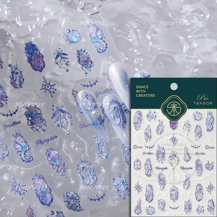 Marine Shell Starfish Ocean Elements Pearl Star Fishing Net Colourful Underwater Organisms 5D Nail Art Stickers Manicure Decals (Online Order Only)