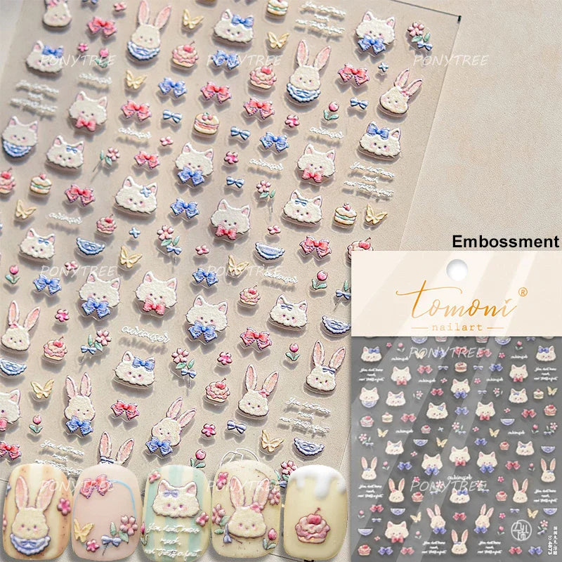 Cute Animals Bear Dog Cake Sweet Cherry Grid Bowknot Star Line Fruit Relief Self Adhesive Nail Art Stickers 3D Manicure Decals (ONLINE ORDER ONLY)