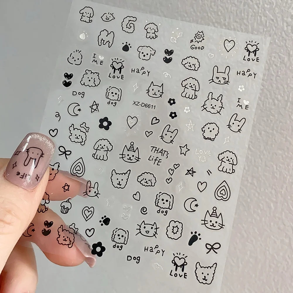 1Pc 3D Cute Black Silver Smile Dog Decals Y2K Cartoon Cat Footprint Nail Stickers Graffiti Star Heart DIY Manicure Slider Decor* (ONLINE ORDER ONLY)