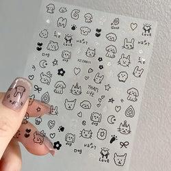 1Pc 3D Cute Black Silver Smile Dog Decals Y2K Cartoon Cat Footprint Nail Stickers Graffiti Star Heart DIY Manicure Slider Decor* (ONLINE ORDER ONLY)