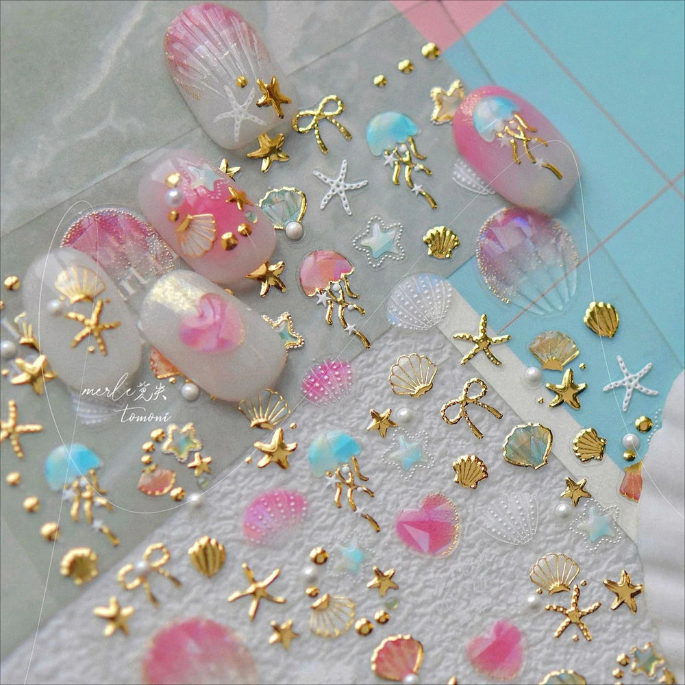 Dizzying Shell Coral Dolphin Starfish Heart Jellyfish Water Bubbles Ocean Adhesive Nail Art Decorations Stickers Manicure Decals (ONLINE ORDER ONLY)