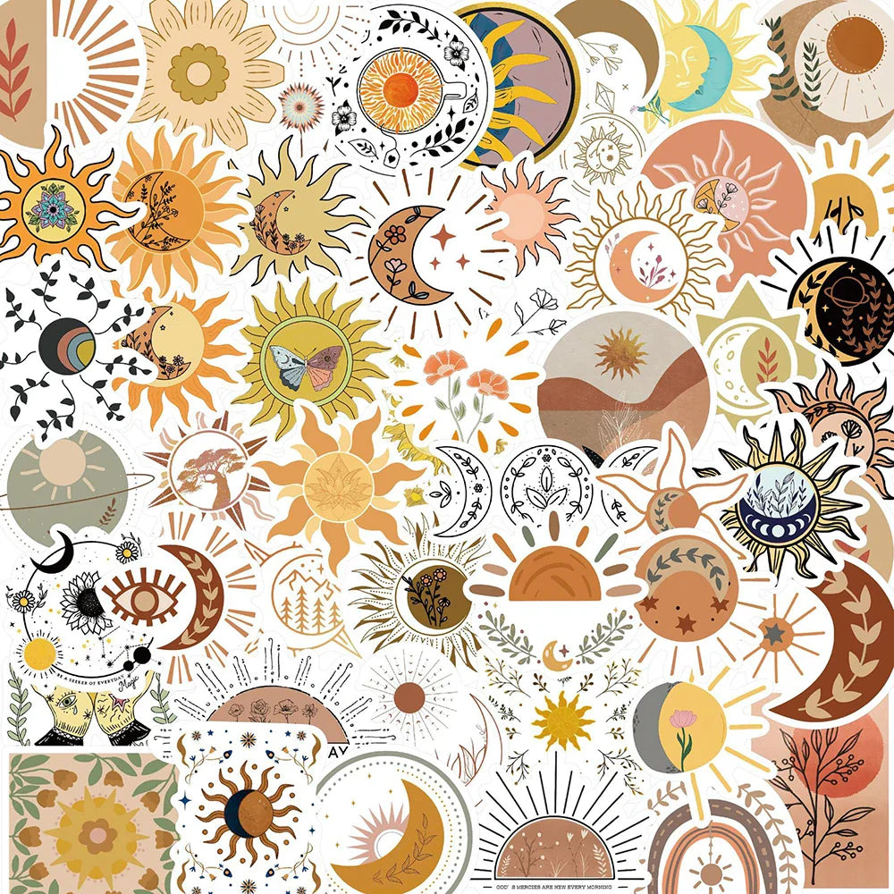 10/30/50PCS Sun Moon Bohemian  Aesthetic Stickers For Kids PVC Waterproof Skateboard Laptop Fridge Suitcase Bike Car Decals Gift (ONLINE ORDER ONLY)