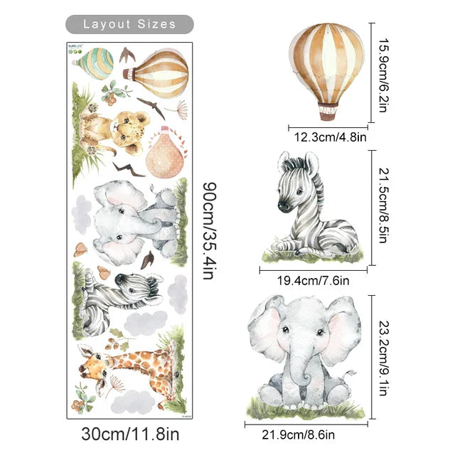 Cute Elephant Giraffe Zebra Jungle Watercolor Wall Stickers Nursery Decor (ONLINE ORDER ONLY)