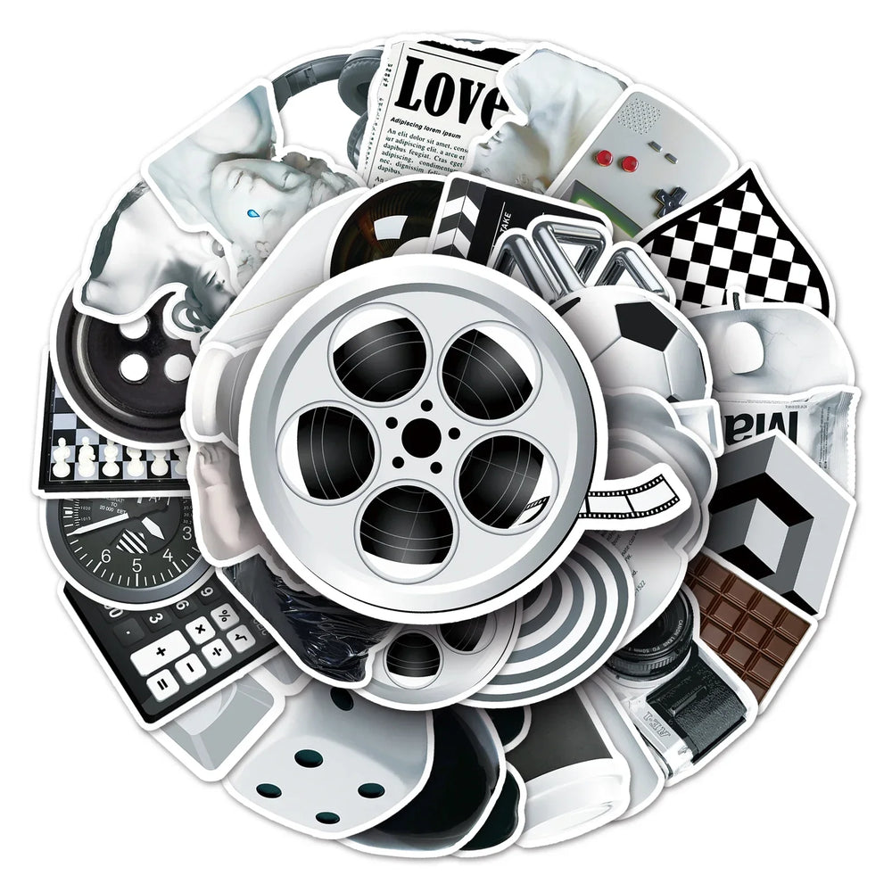 50Pcs Black & White Cartoon Waterproof Vinyl Stickers for Skateboard Snowboard (ONLINE ORDER ONLY)