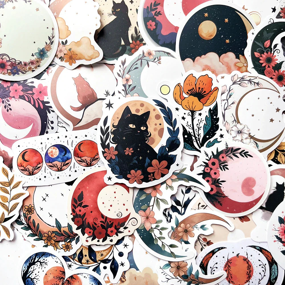 Bohemian Moon Flower Cat Stickers for Scrapbook, Laptop, Water Bottle, Skateboard (ONLINE ORDER ONLY)