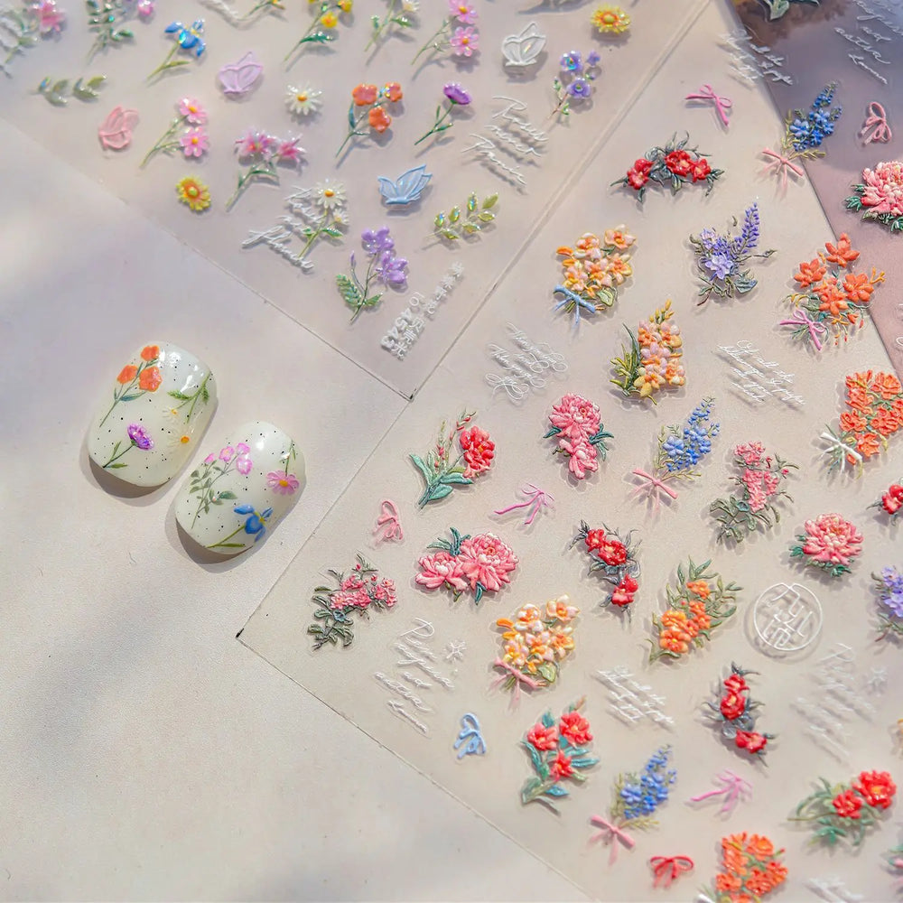 Dried Flower Lavender Bowknot Peony Pomegranate Flowers Bouquet Rose Chic Reliefs Self Adhesive Nail Art Stickers Manicure Decal (ONLINE ORDER ONLY)