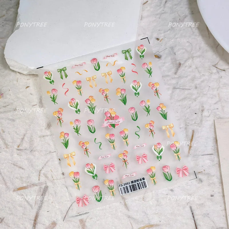 Dreamy White Lace Bowknot Purple Pink Gradual Tulip Flower Butterfly Garden Relief Adhesive Nail Art Stickers Manicure Decals (Online Order Only)