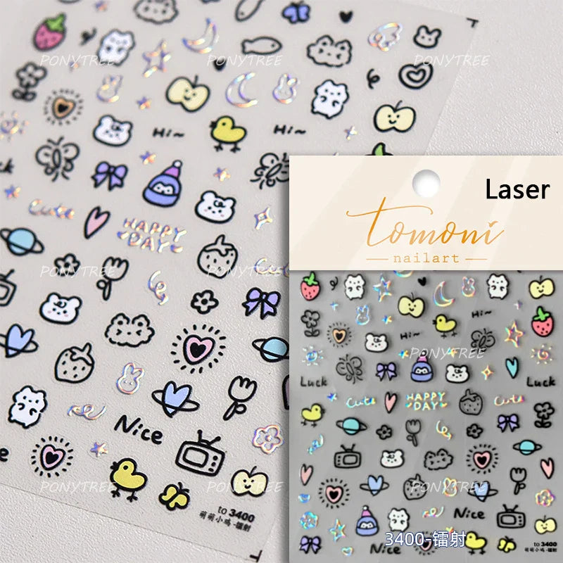 Line Cat Dog Bear Rabbit Chicken Animals Apple Cherry Cake Bowknot Butterfly Balloon Rainbow Nail Art Stickers Manicure Decals (ONLINE ORDER ONLY)
