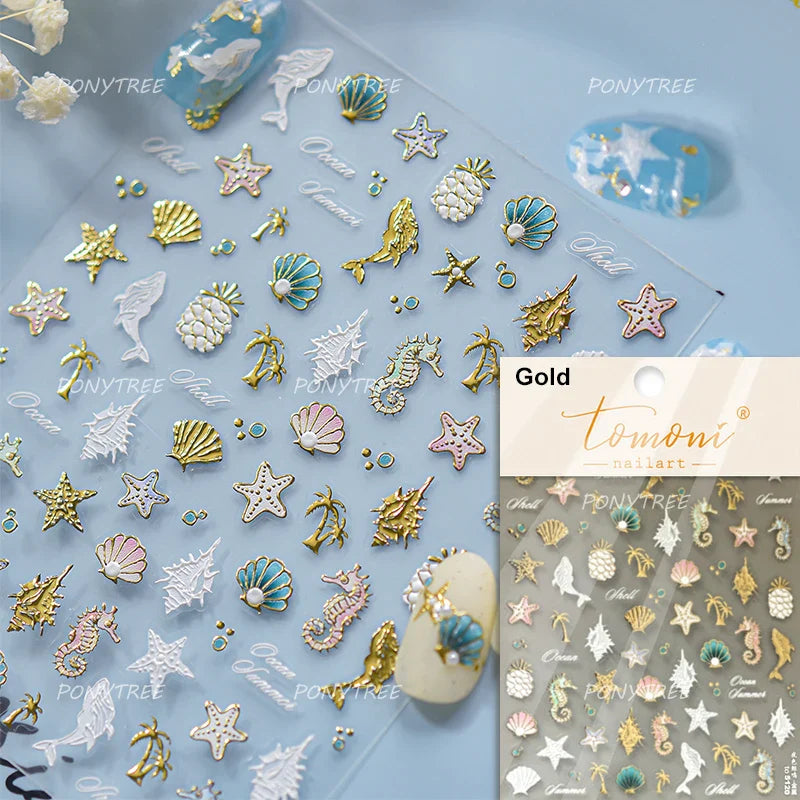 Ray Fish Shell  Conch Water Bubbles Octopus Starfish Mermaid Jellyfish Otter Dolphin Nail Art Decorations Sticker Manicure Decal (ONLINE ORDER ONLY)