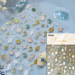 Hot Stamping Seahorse Dolphin Shell Conch Starfish Coconut Tree Jackfruit Water Bubbles Ocean Nail Art Stickers Manicure Decals (ONLINE ORDER ONLY)