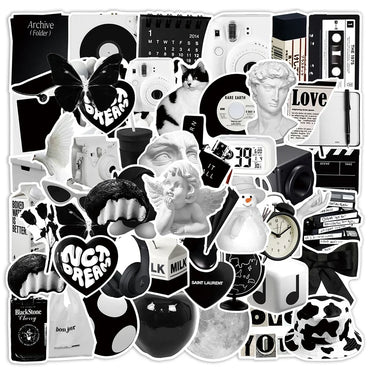 10/30/50PCS Ins Style Simple Black White Stickers Cute Decals DIY Phone Suitcase Luggage Fridge Helmet Graffiti Cartoon Sticker (ONLINE ORDER ONLY)