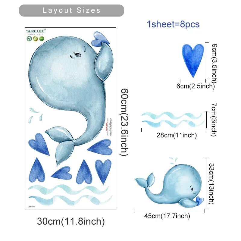 Watercolor Whale Heart Wall Stickers Nursery Vinyl Decals Art Murals (Online Order Only)