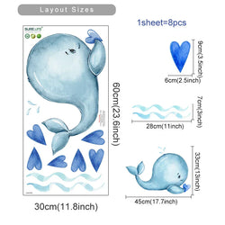 Watercolor Whale Heart Wall Stickers Nursery Vinyl Decals Art Murals (Online Order Only)