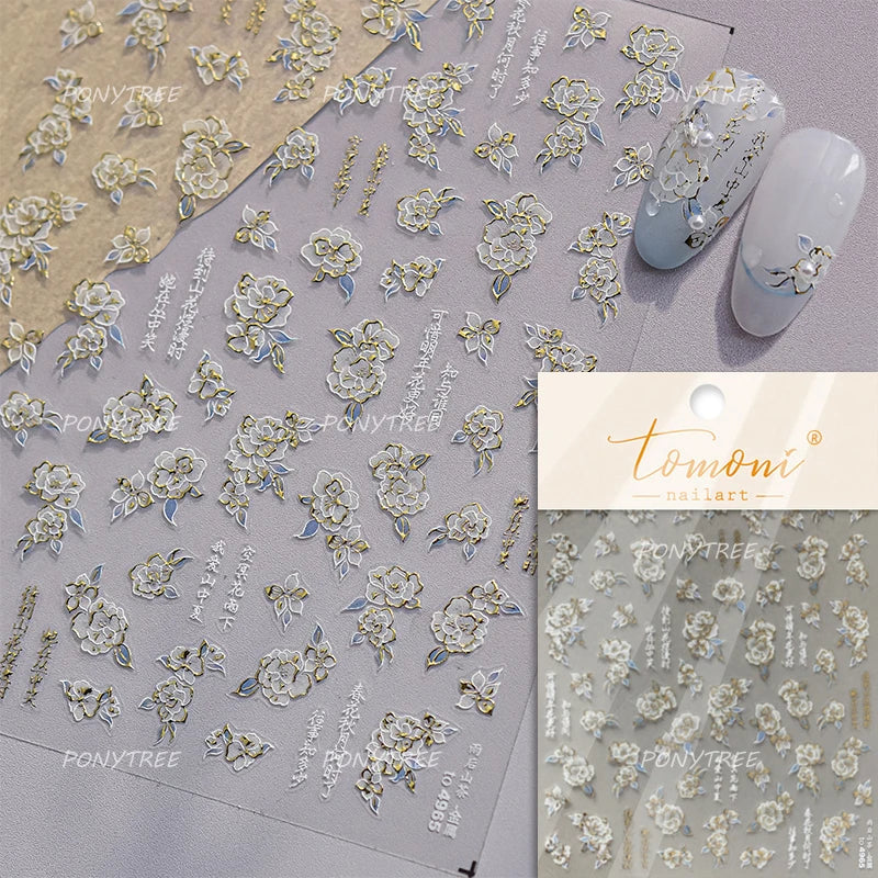 Camellia Tea After Rain Fragrant Flower Paint in Gold White Antique Chinese Characters Adhesive Nail Art Stickers Manicure Decal (ONLINE ORDER ONLY)