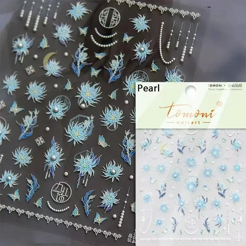 Gradient Coloredful Flower Petal Green Leaf Dreamy Shiny Chinese Rose Fantasy Relief Adhesive Nail Art Stickers Manicure Decals (Online Order Only)