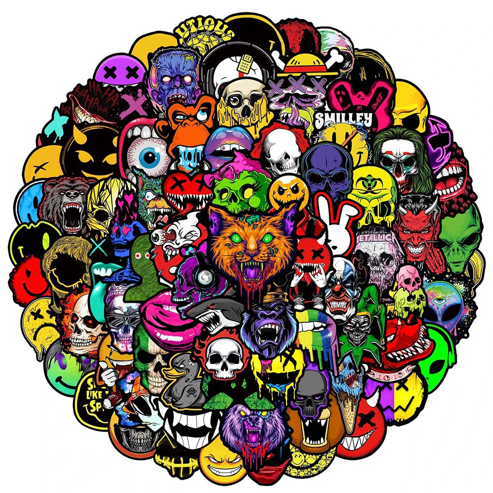 10/30/50/100PCS Horror Gothic Skull Meme Stickers Cool Graffiti DIY Skateboard Luggage Laptop Car Decals PVC Waterproof Kids Toy (ONLINE ORDER ONLY)